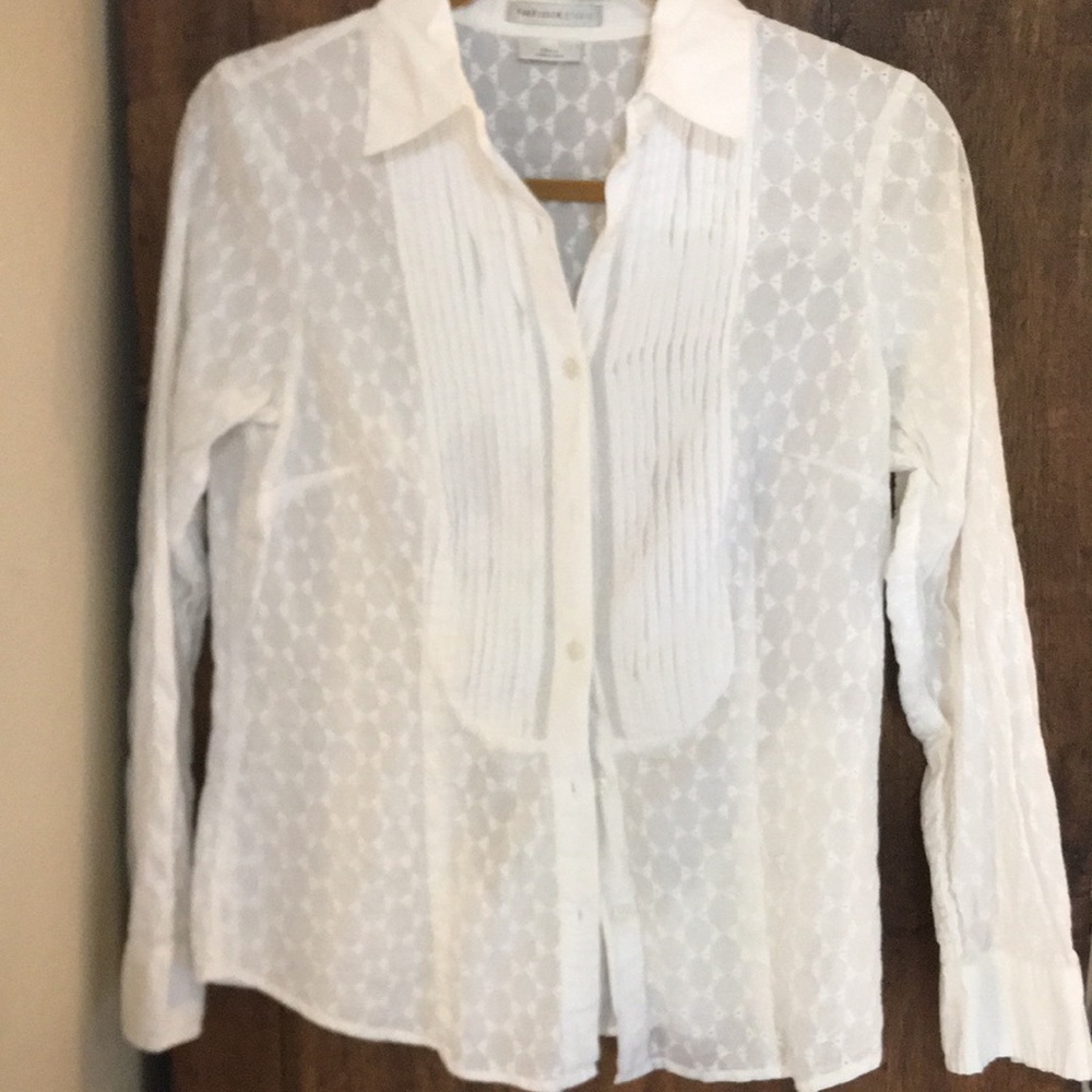 White long sleeved blouse with embroidery/pleating
